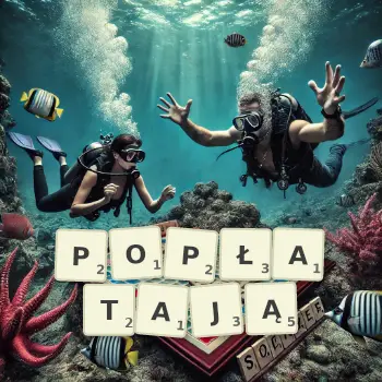 Kreatywna ilustracja do gry w Scrabble ze słowem POPŁATAJĄ ułożonym z płytek na planszy.