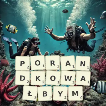 Kreatywna ilustracja do gry w Scrabble ze słowem PORANDKOWAŁBYM ułożonym z płytek na planszy.