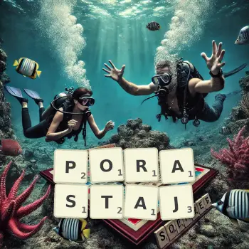 Kreatywna ilustracja do gry w Scrabble ze słowem PORASTAJ ułożonym z płytek na planszy.