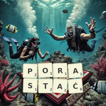 Kreatywna ilustracja do gry w Scrabble ze słowem PORASTAĆ ułożonym z płytek na planszy.