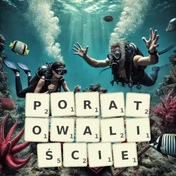 Kreatywna ilustracja do gry w Scrabble ze słowem PORATOWALIŚCIE ułożonym z płytek na planszy.