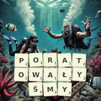 Kreatywna ilustracja do gry w Scrabble ze słowem PORATOWAŁYŚMY ułożonym z płytek na planszy.