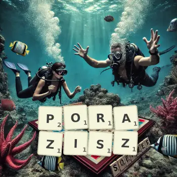 Kreatywna ilustracja do gry w Scrabble ze słowem PORAZISZ ułożonym z płytek na planszy.