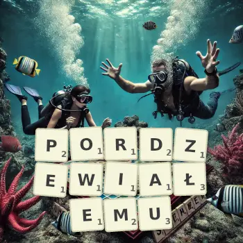 Kreatywna ilustracja do gry w Scrabble ze słowem PORDZEWIAŁEMU ułożonym z płytek na planszy.