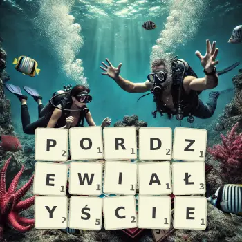 Kreatywna ilustracja do gry w Scrabble ze słowem PORDZEWIAŁYŚCIE ułożonym z płytek na planszy.