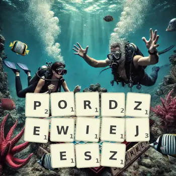 Kreatywna ilustracja do gry w Scrabble ze słowem PORDZEWIEJESZ ułożonym z płytek na planszy.