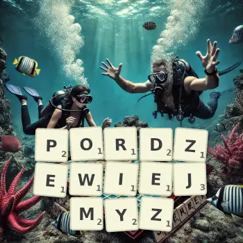 Kreatywna ilustracja do gry w Scrabble ze słowem PORDZEWIEJMYZ ułożonym z płytek na planszy.