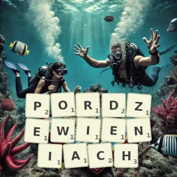 Kreatywna ilustracja do gry w Scrabble ze słowem PORDZEWIENIACH ułożonym z płytek na planszy.
