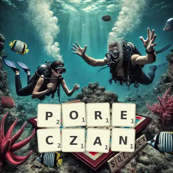 Kreatywna ilustracja do gry w Scrabble ze słowem PORECZAN ułożonym z płytek na planszy.