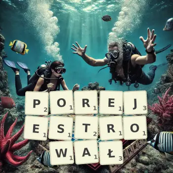 Kreatywna ilustracja do gry w Scrabble ze słowem POREJESTROWAŁ ułożonym z płytek na planszy.