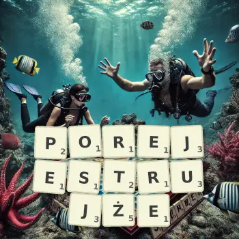 Kreatywna ilustracja do gry w Scrabble ze słowem POREJESTRUJŻE ułożonym z płytek na planszy.