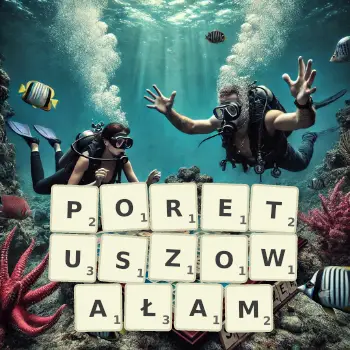 Kreatywna ilustracja do gry w Scrabble ze słowem PORETUSZOWAŁAM ułożonym z płytek na planszy.