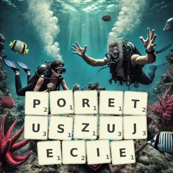 Kreatywna ilustracja do gry w Scrabble ze słowem PORETUSZUJECIE ułożonym z płytek na planszy.