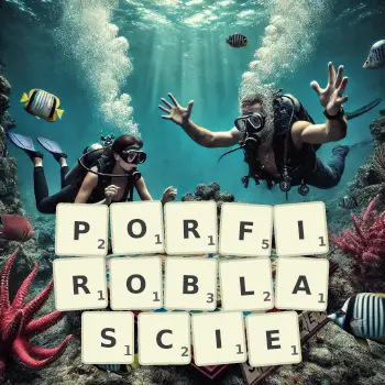 Kreatywna ilustracja do gry w Scrabble ze słowem PORFIROBLASCIE ułożonym z płytek na planszy.