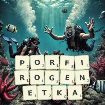 Kreatywna ilustracja do gry w Scrabble ze słowem PORFIROGENETKA ułożonym z płytek na planszy.