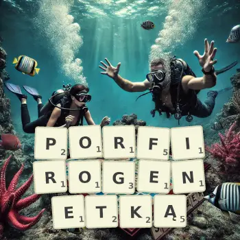 Kreatywna ilustracja do gry w Scrabble ze słowem PORFIROGENETKĄ ułożonym z płytek na planszy.