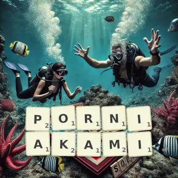 Kreatywna ilustracja do gry w Scrabble ze słowem PORNIAKAMI ułożonym z płytek na planszy.