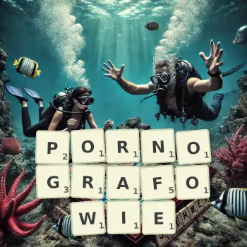 Kreatywna ilustracja do gry w Scrabble ze słowem PORNOGRAFOWIE ułożonym z płytek na planszy.