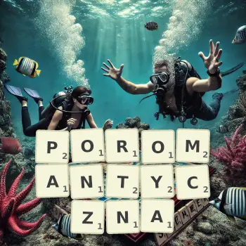 Kreatywna ilustracja do gry w Scrabble ze słowem POROMANTYCZNA ułożonym z płytek na planszy.