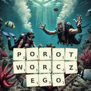Kreatywna ilustracja do gry w Scrabble ze słowem POROTWORCZEGO ułożonym z płytek na planszy.