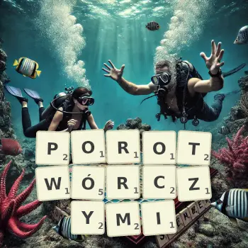 Kreatywna ilustracja do gry w Scrabble ze słowem POROTWÓRCZYMI ułożonym z płytek na planszy.