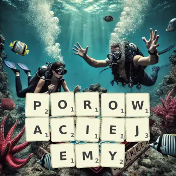 Kreatywna ilustracja do gry w Scrabble ze słowem POROWACIEJEMY ułożonym z płytek na planszy.