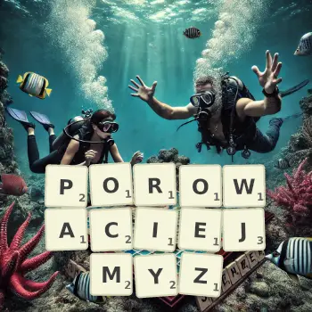 Kreatywna ilustracja do gry w Scrabble ze słowem POROWACIEJMYZ ułożonym z płytek na planszy.