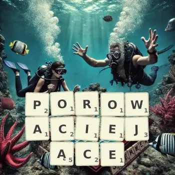 Kreatywna ilustracja do gry w Scrabble ze słowem POROWACIEJĄCE ułożonym z płytek na planszy.