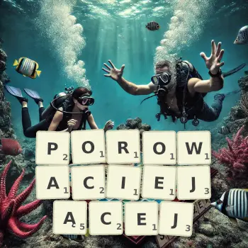 Kreatywna ilustracja do gry w Scrabble ze słowem POROWACIEJĄCEJ ułożonym z płytek na planszy.