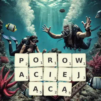 Kreatywna ilustracja do gry w Scrabble ze słowem POROWACIEJĄCĄ ułożonym z płytek na planszy.
