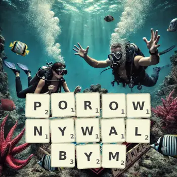 Kreatywna ilustracja do gry w Scrabble ze słowem POROWNYWALBYM ułożonym z płytek na planszy.