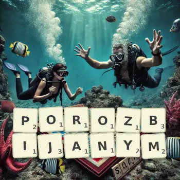 Kreatywna ilustracja do gry w Scrabble ze słowem POROZBIJANYM ułożonym z płytek na planszy.