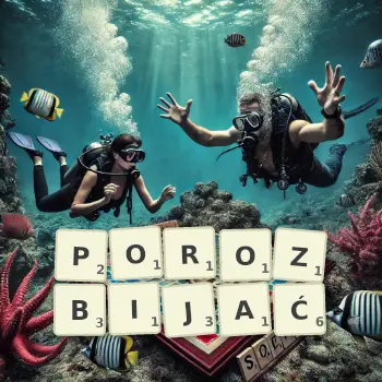Kreatywna ilustracja do gry w Scrabble ze słowem POROZBIJAĆ ułożonym z płytek na planszy.