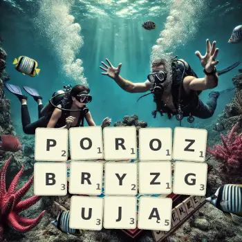 Kreatywna ilustracja do gry w Scrabble ze słowem POROZBRYZGUJĄ ułożonym z płytek na planszy.
