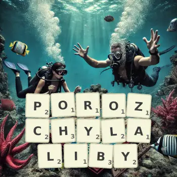 Kreatywna ilustracja do gry w Scrabble ze słowem POROZCHYLALIBY ułożonym z płytek na planszy.