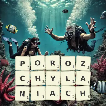 Kreatywna ilustracja do gry w Scrabble ze słowem POROZCHYLANIACH ułożonym z płytek na planszy.