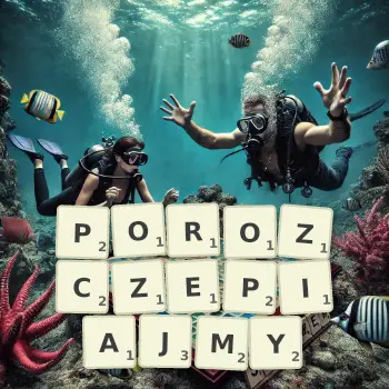 Kreatywna ilustracja do gry w Scrabble ze słowem POROZCZEPIAJMY ułożonym z płytek na planszy.