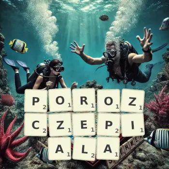 Kreatywna ilustracja do gry w Scrabble ze słowem POROZCZEPIALA ułożonym z płytek na planszy.