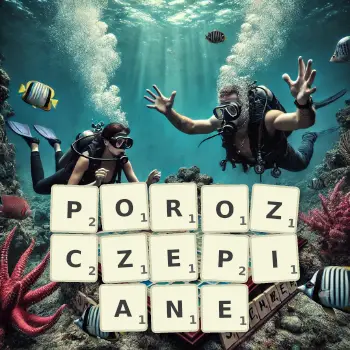Kreatywna ilustracja do gry w Scrabble ze słowem POROZCZEPIANE ułożonym z płytek na planszy.