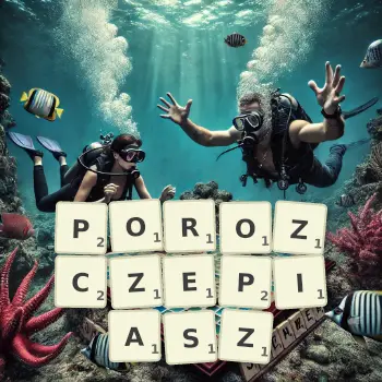 Kreatywna ilustracja do gry w Scrabble ze słowem POROZCZEPIASZ ułożonym z płytek na planszy.