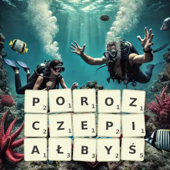Kreatywna ilustracja do gry w Scrabble ze słowem POROZCZEPIAŁBYŚ ułożonym z płytek na planszy.