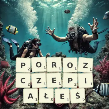Kreatywna ilustracja do gry w Scrabble ze słowem POROZCZEPIAŁEŚ ułożonym z płytek na planszy.