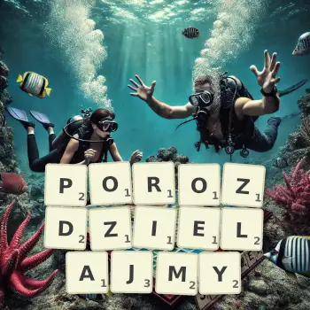 Kreatywna ilustracja do gry w Scrabble ze słowem POROZDZIELAJMY ułożonym z płytek na planszy.