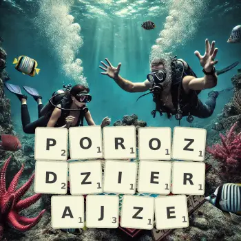 Kreatywna ilustracja do gry w Scrabble ze słowem POROZDZIERAJZE ułożonym z płytek na planszy.