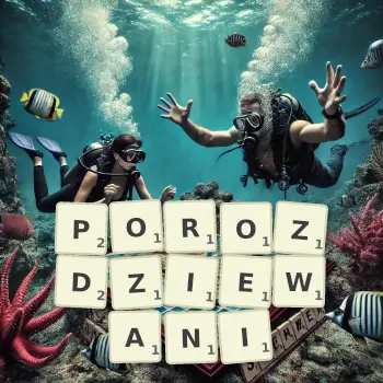 Kreatywna ilustracja do gry w Scrabble ze słowem POROZDZIEWANI ułożonym z płytek na planszy.