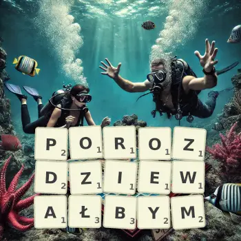 Kreatywna ilustracja do gry w Scrabble ze słowem POROZDZIEWAŁBYM ułożonym z płytek na planszy.