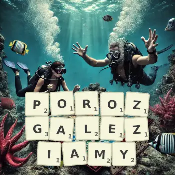 Kreatywna ilustracja do gry w Scrabble ze słowem POROZGALEZIAMY ułożonym z płytek na planszy.