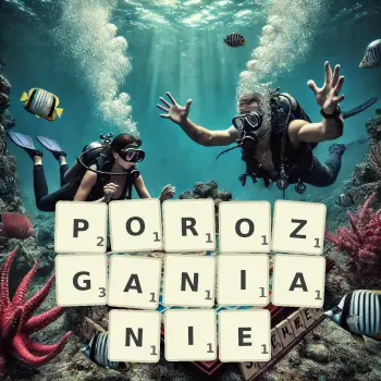 Kreatywna ilustracja do gry w Scrabble ze słowem POROZGANIANIE ułożonym z płytek na planszy.