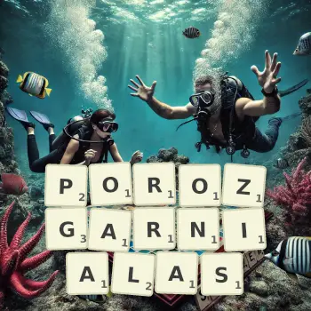 Kreatywna ilustracja do gry w Scrabble ze słowem POROZGARNIALAS ułożonym z płytek na planszy.