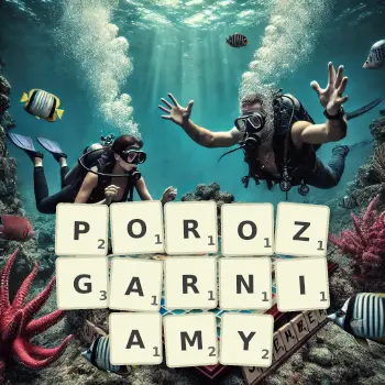 Kreatywna ilustracja do gry w Scrabble ze słowem POROZGARNIAMY ułożonym z płytek na planszy.
